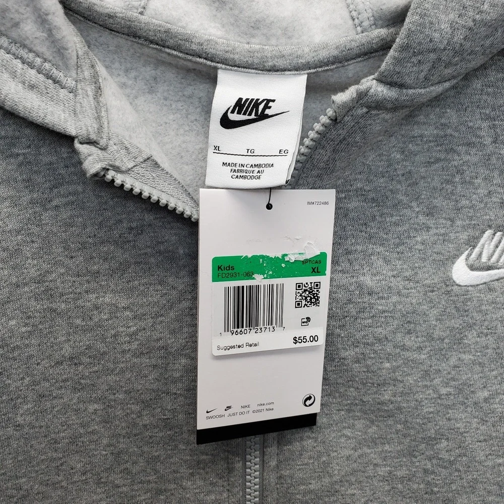 Nike Hoodie Youth XL Gray Fleece Lined Embroidered Logo Full Zip FD2931-063
